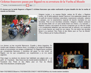 Article presse argentine tour du monde tandem vélo 2010